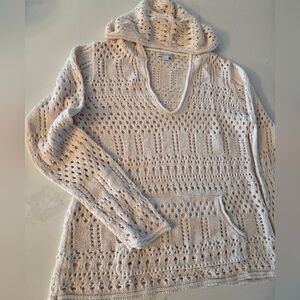 Crochet Hooded V Neck Throw Over Sweater